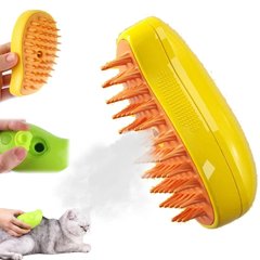 Паровая щетка массажер спрей 3 в 1 PET SPRAY MASSAGE BRUSH для вычесывания собак и кошек с паровым распылителем - желтая